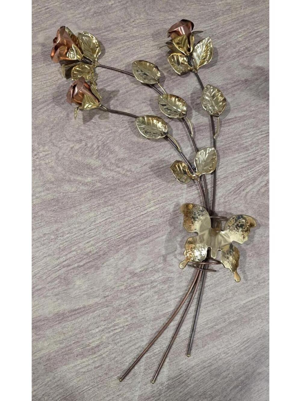 Vintage MCM Brass Rose Bouquet Wall Art with Butterfly Accent 19in Homeco 1970s